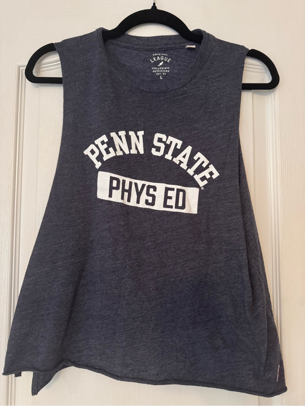 League Navy Tank with White Penn State Phys Ed Graphic